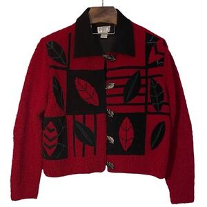 Vtg Minnies Closet Red Boucle Knit Black Suede Leaf Crop Cardigan Artsy Boho XL